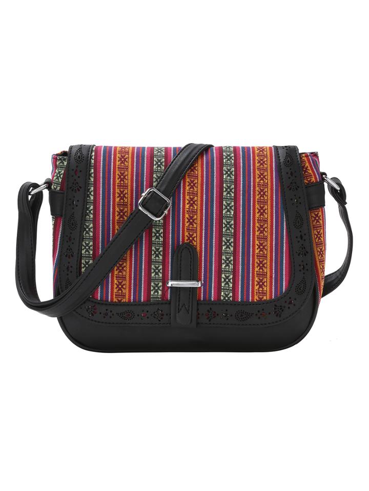 Romwe Tribal Striped Laser-cut Flap Saddle Bag - Black