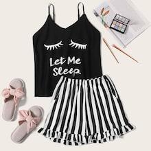 Romwe Eyelash & Letter Print Striped Cami Pj Set