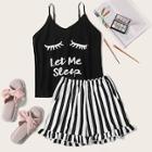 Romwe Eyelash & Letter Print Striped Cami Pj Set