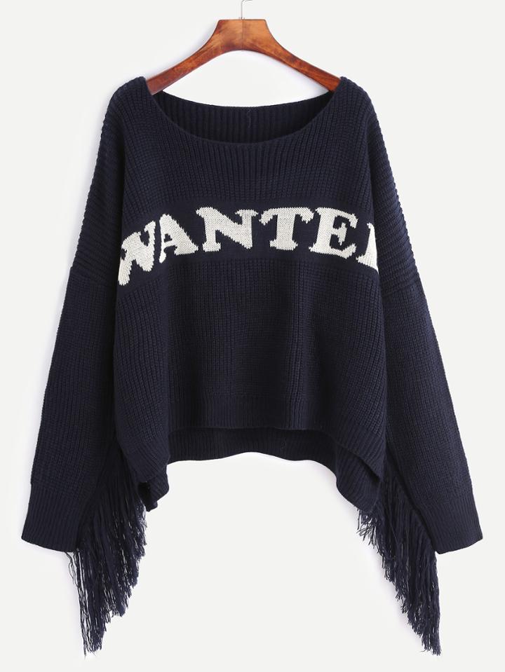 Romwe Navy Letter Pattern Fringe Trim Sweater