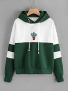 Romwe Color Block Cactus Embroidered Hoodie