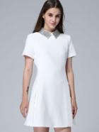 Romwe White Lapel Short Sleeve Beading Dress