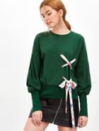 Romwe Green Bishop Sleeve Sweatshirt With Eyelet Lace Up Detail