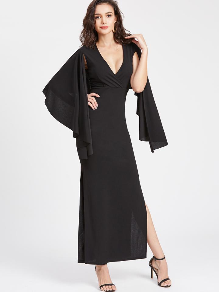Romwe Surplice Plunging High Slit Cape Dress