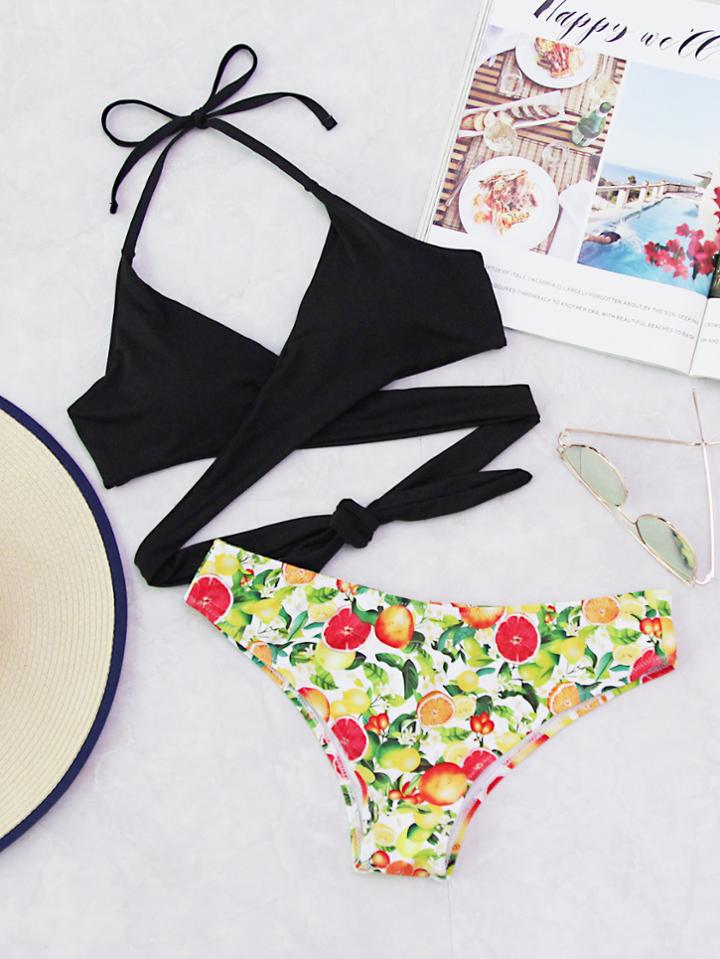 Romwe Cross Wrap Mix And Match Halter Bikini Set
