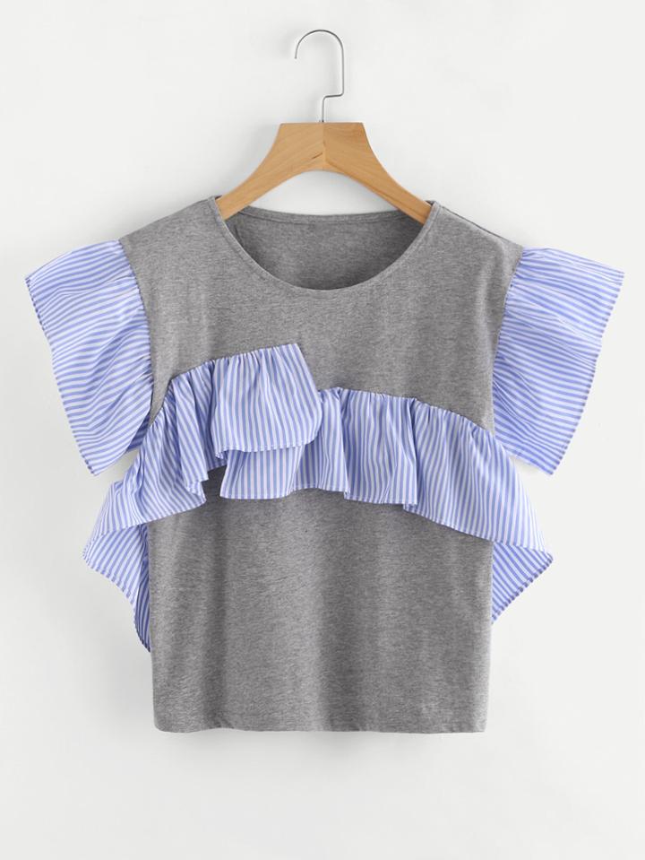 Romwe Striped Frill Trim Tee