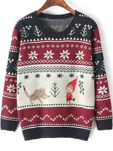 Romwe Round Neck Cartton Print Navy Sweater