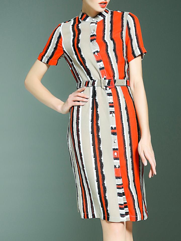 Romwe Red Color Block Belted Shift Dress