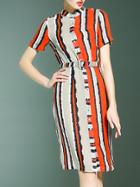 Romwe Red Color Block Belted Shift Dress