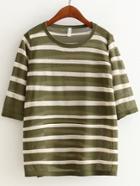 Romwe Green Round Neck Stripe Sheer T-shirt
