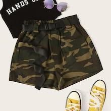 Romwe Camo Print Dual Pocket Belted Utility Shorts