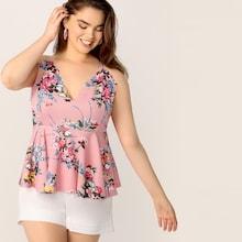 Romwe Plus Floral Print Criss-cross Peplum Cami Top