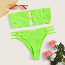 Romwe Neon Lime Smocked Ladder Cut-out Bandeau Bikini Set