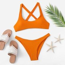 Romwe Criss Cross Top With High Leg Bikini Set