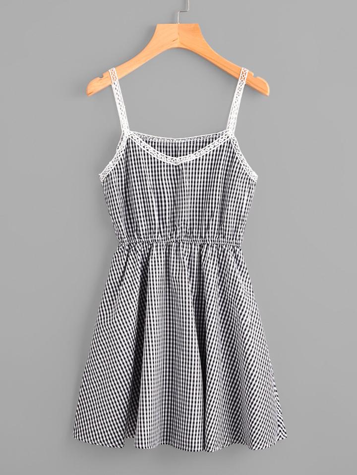 Romwe Gingham Print Lace Trim Cami Dress