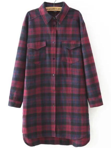 Romwe Dip Hem Plaid Shirt Dress With Pockets