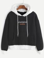 Romwe Contrast Trim Letter Embroidered Hooded Sweatshirt
