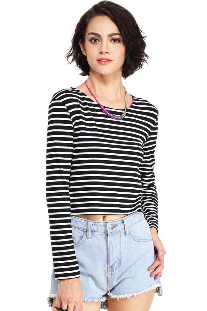 Romwe Romwe Striped Long Sleeves Slim T-shirt