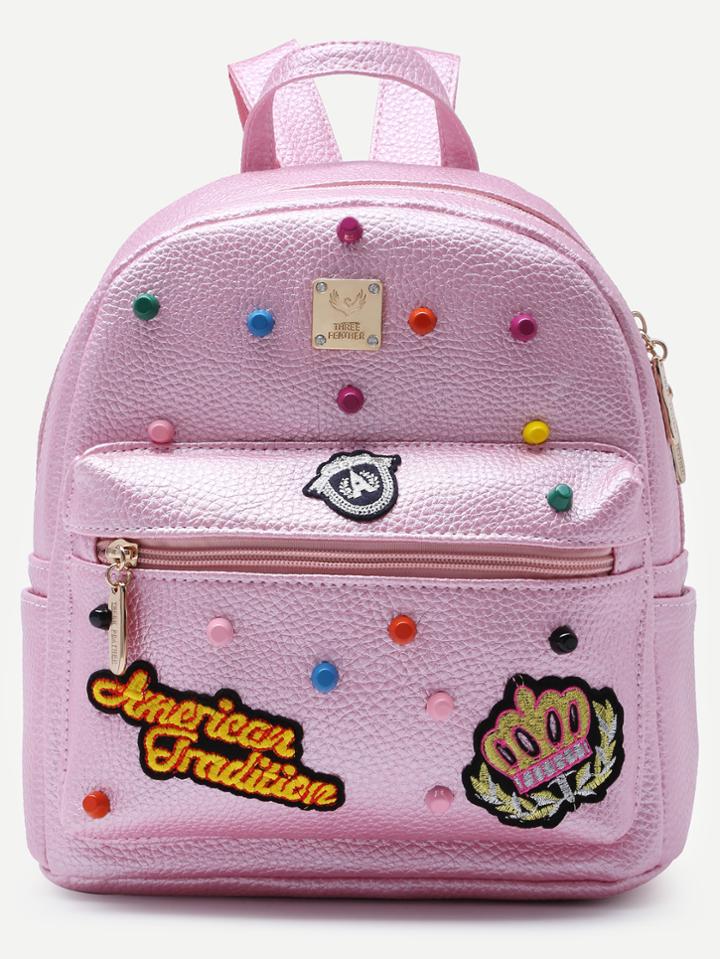 Romwe Pink Pebbled Pu Front Zipper Studded Backpack