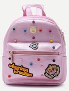 Romwe Pink Pebbled Pu Front Zipper Studded Backpack