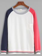 Romwe Color Block Striped Trim Raglan Sleeve Pocket Sweatshirt