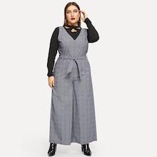 Romwe Plus Plaid Belted Sleeveless Jumpsuit
