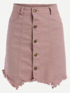 Romwe Pink Buttoned Front Asymmetric Raw Hem Denim Skirt