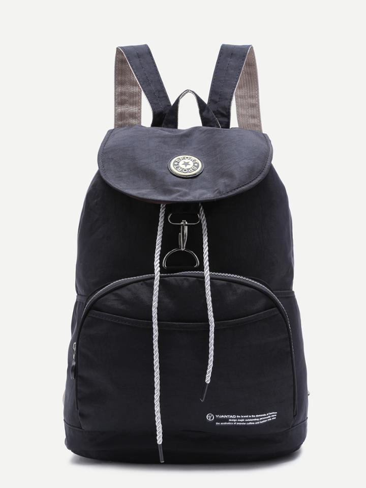 Romwe Black Front Pocket Drawstring Nylon Backpack
