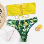 Romwe Lace-up Bandeau With Random Palm Print Bikini Set