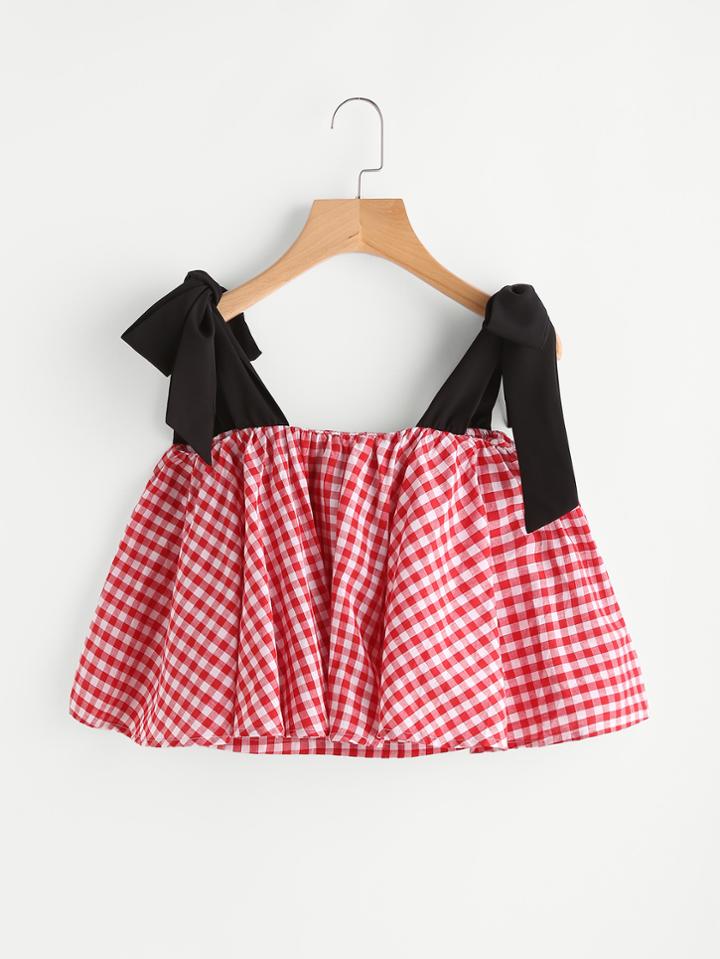 Romwe Self Tie Shoulder Checked Crop Top
