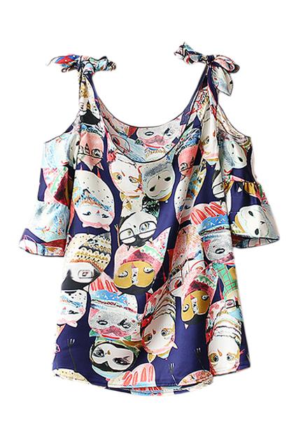 Romwe Romwe Various Birds Print Off Shoulder Self-tie T-shirt