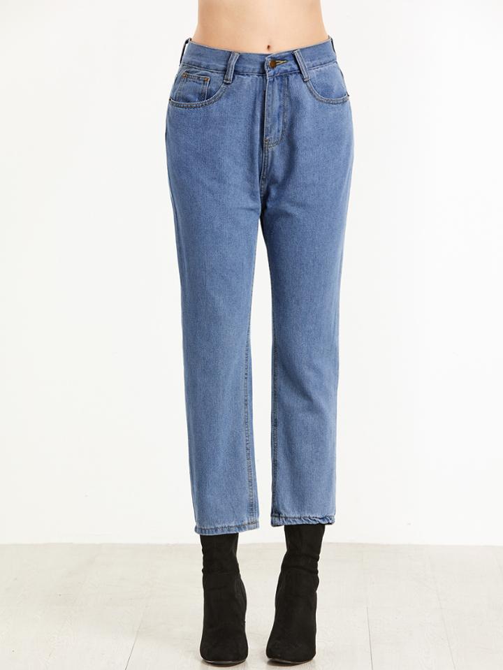 Romwe Blue Plain Straight Leg Jeans
