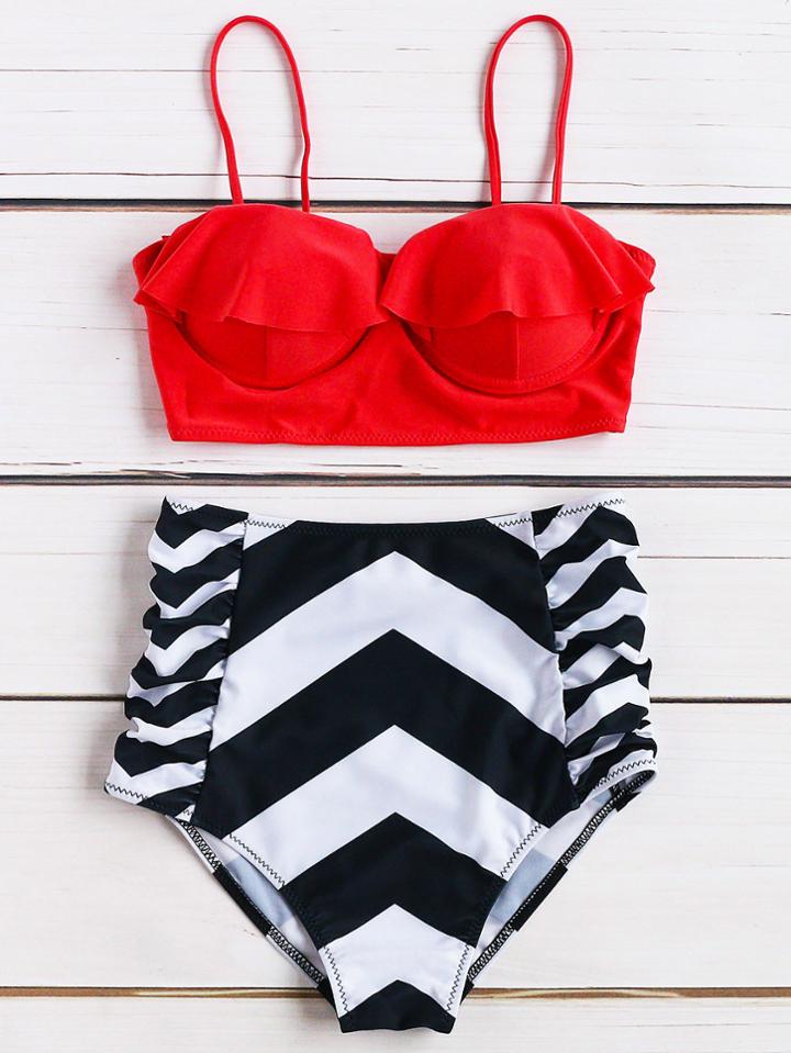 Romwe Chevron Print Ruffle Design High Waist Bikini Set