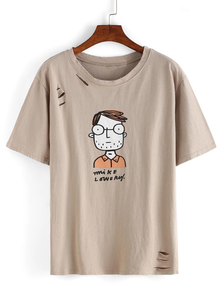Romwe Glasses Man Print Frayed T-shirt