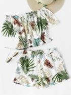 Romwe Tropical Print Tassel Tie Bardot Top With Shorts