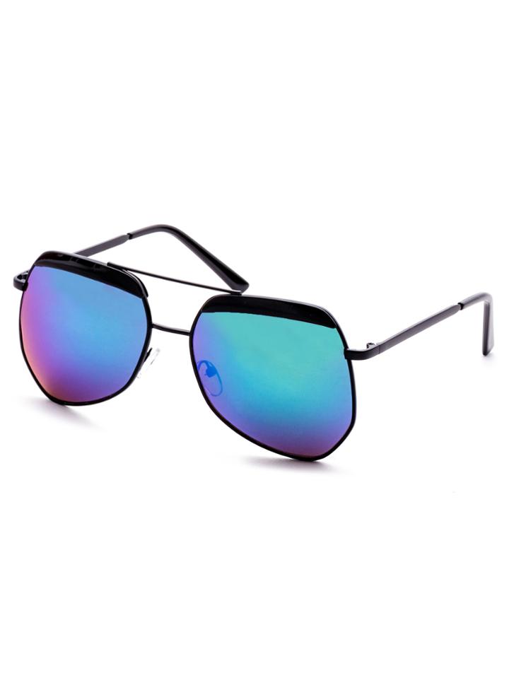 Romwe Black Frame Double Bridge Iridescent Lens Sunglasses