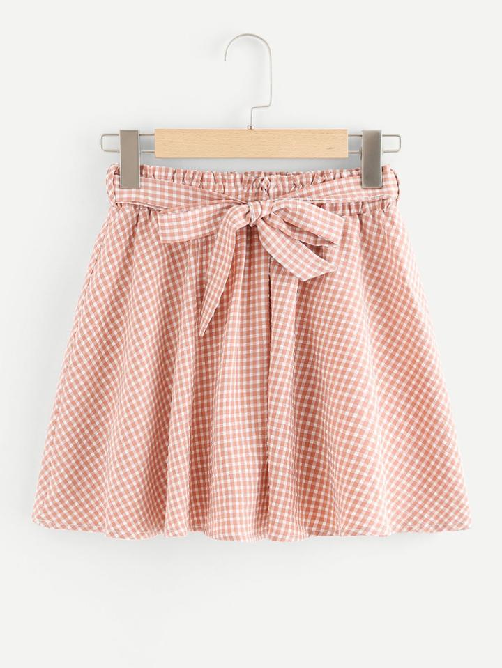 Romwe Self Tie Waist Checked Skirt