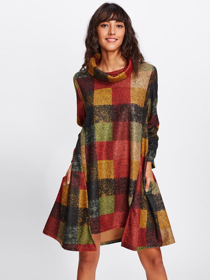 Romwe Funnel Neck Checked Swing Dress
