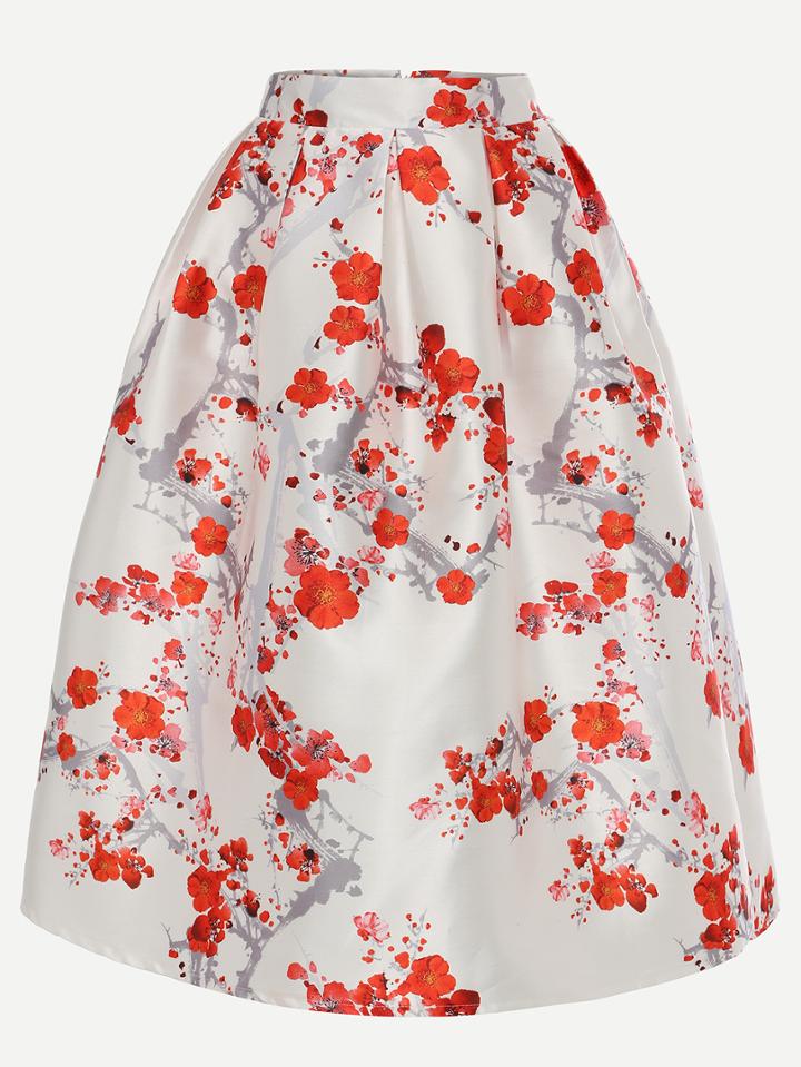 Romwe Plum Blossom Print Box Pleated Midi Skirt - White