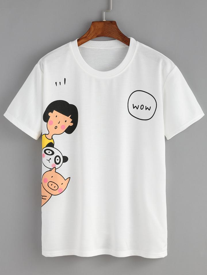 Romwe Comic Print White T-shirt