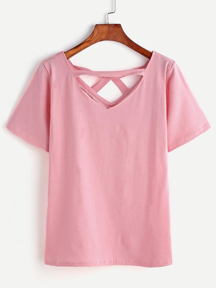 Romwe Pink V Neck Cut Out T-shirt