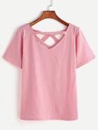 Romwe Pink V Neck Cut Out T-shirt