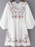 Romwe White Lantern Sleeve Tie Neck Embroidery Dress