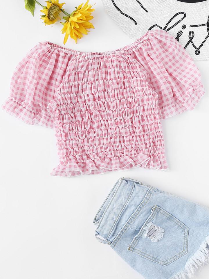 Romwe Off Shoulder Ruffle Gingham Blouse