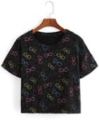 Romwe Glasses Print Black T-shirt