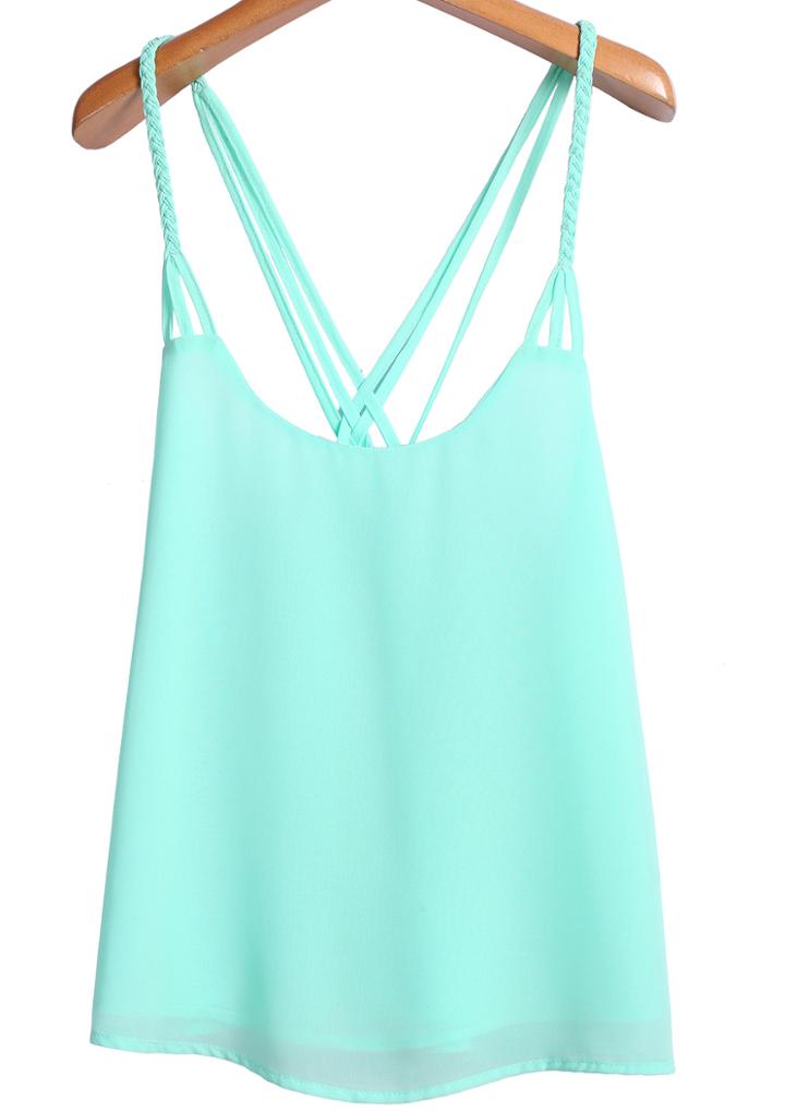 Romwe Strap Weave Chiffon Green Vest