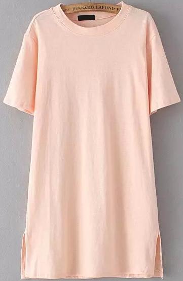 Romwe Side Split Long Pink T-shirt