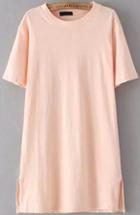 Romwe Side Split Long Pink T-shirt