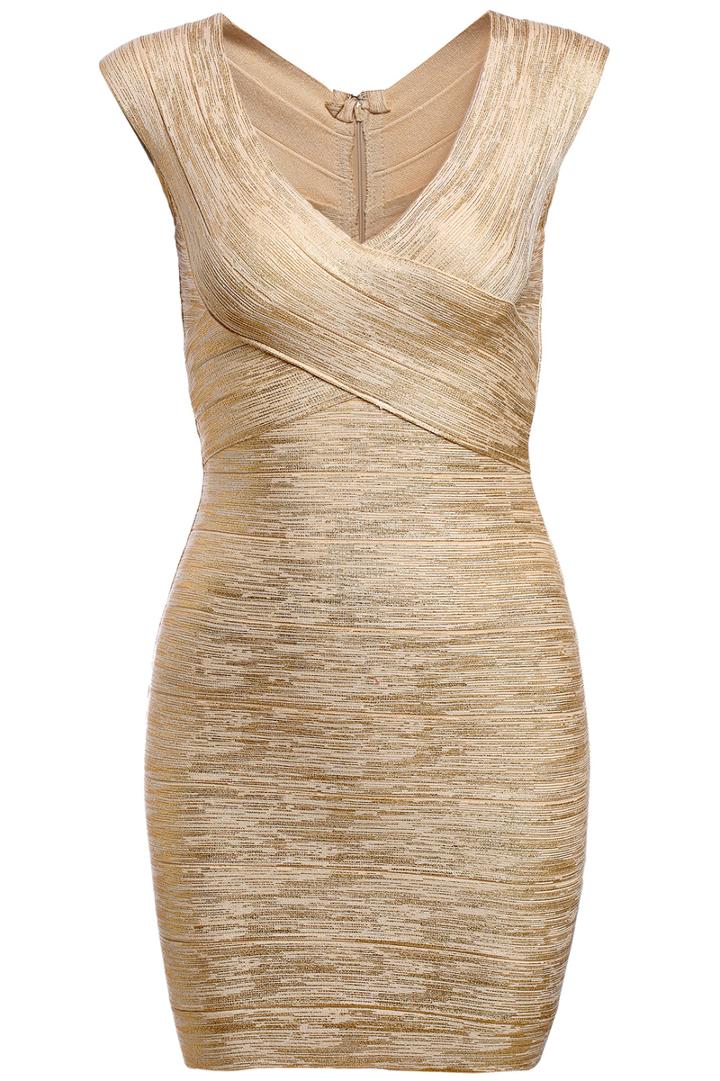Romwe Cross V Neck Apricot Bandage Dress