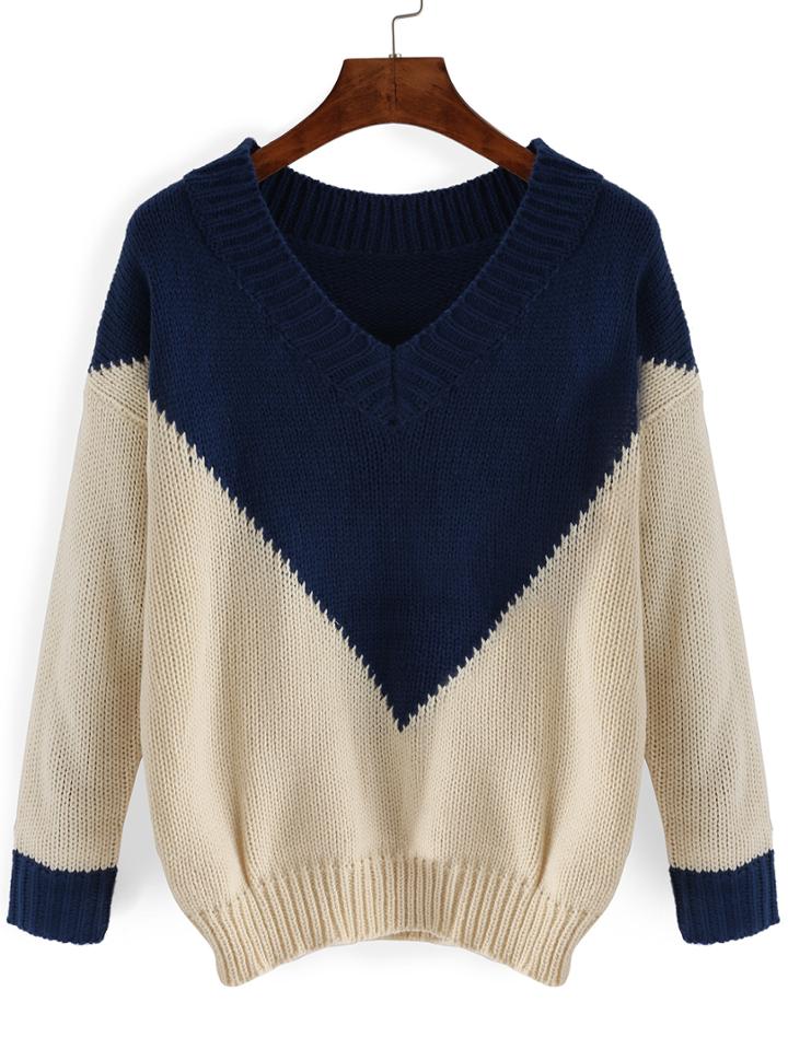 Romwe V Neck Dropped Shoulder Seam Color-block Jumper